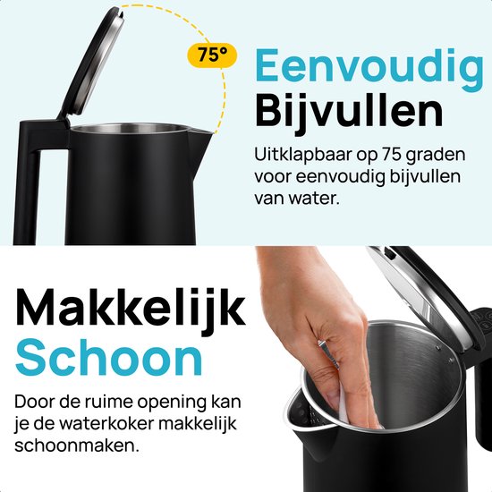 MOA Waterkoker met Temperatuurregeling - 1,7 Liter - Dubbelwandig - Warmhoudfunctie - Elektrische Waterkoker - 2200W - Zwart
