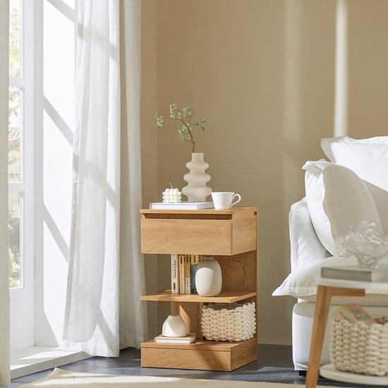 SoBuy Set van 2 Bijzettafel, Nachtkastje met 1 Lade en 3 Planken, Multifunctionele Salontafel voor Slaapkamer of Woonkamer, Scandinavisch Design, Natuur Houtbruin, 39x65x39cm, FBT49-Nx2