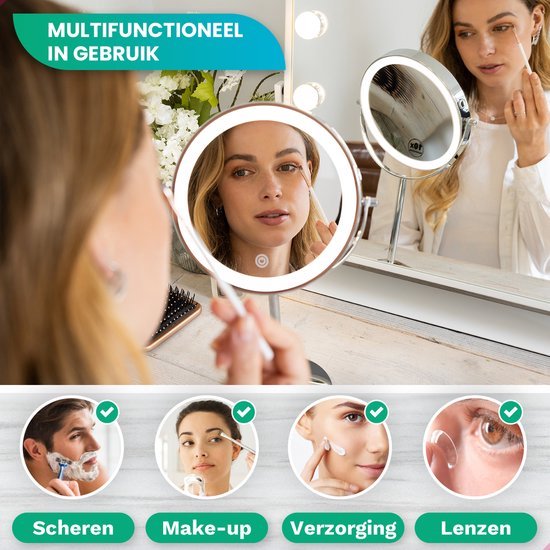 Mirlux Make Up Spiegel met LED Verlichting - 10x Vergroting Licht – Scheerspiegel Klein Op Voet - 3 Lichtstanden - Oplaadbaar - Vergrootspiegel Chroom