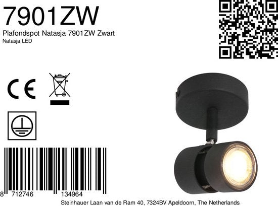 Spot Natasja 7901ZW zwarte 1-lichts spot van metaal met dimbare GU10 lichtbron, modern en draaibaar, geschikt voor binnen gebruik, Steinhauer