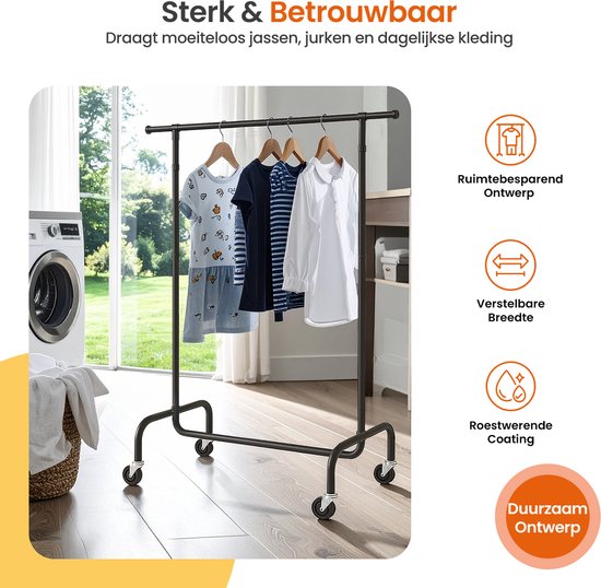 Goliving Kledingrek op wieltjes XL - Uitschuifbare Kledingstang 112-150 cm - 130kg Draagvermogen - Stevig Garderoberek - Metaal - Zwart