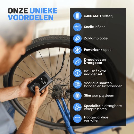 Vulpes Goods® Tech - Draagbare Compressor Bandenpomp - 6400mAh - Elektrische Fietspomp - Luchtcompressor voor Auto, Scooter, Fiets, Bal en Luchtbed - Incl. 7 opzetstukken - Zaklamp - Powerbank - Reiskoffer - PRO