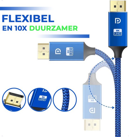 Displayport Kabel 1.4 - DP Kabel 8K - 24K Gold Plated - 1.8 Meter - Blauw