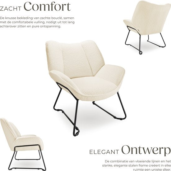 tectake® Loungefauteuil - Ronde relaxfauteuil - Teddyfauteuil - Gestoffeerde stoel - Bouclé bekleding - Leesfauteuil van pluche - Scandinavische stijl - creme wit