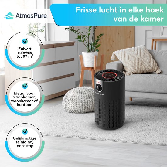 AtmosPure® CleanAir Luchtreiniger - Air Purifier met vervangbaar HEPA 13 + Koolstoffilter - CADR 250 m³/h - Zwart - Voor 98 m² - Werkt tegen huisstofmijt, hooikoorts, allergie, -3 standen + stille slaapstand - Luchtkwaliteit Sensor