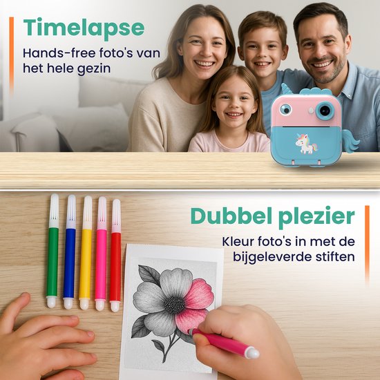 ODESSEY Kindercamera met Printer - Full HD - Selfie Camera - 32GB SD Kaart - Foto - Video - Spelletjes - Digitale Camera Kinderen - Fototoestel voor kinderen - Eenhoorn