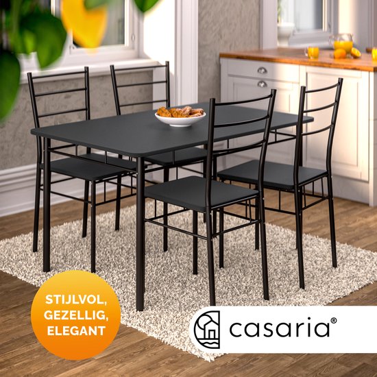 Casaria Eetkamerset Leo - 1x Eettafel 4x Stoel - Antraciet
