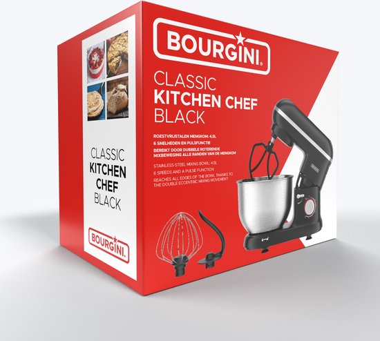 Bourgini Classic Kitchen Chef Keukenmachine & Mixer – 4,5L RVS Mengkom – 1300W – 6 Snelheden + Pulse – 38,5 x 22,3 x 31,8 cm – Zwart