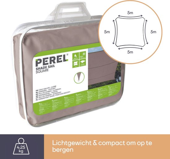 Perel Schaduwdoek waterafstotend 5 x 5 m 160 g/m² polyester vierkant taupe