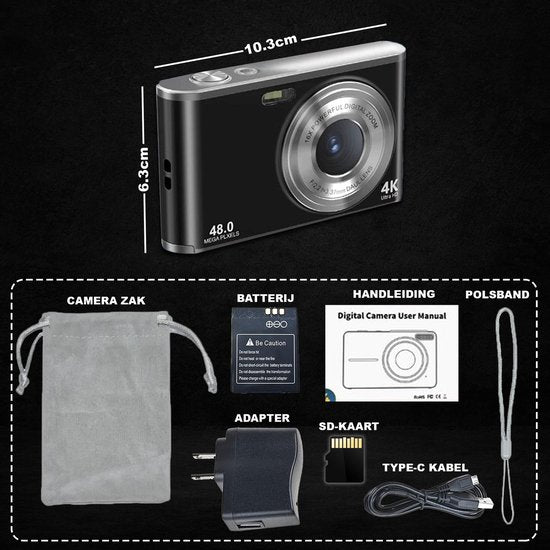 K&L Digitale Camera 4K - Fototoestel - Fotocamera - Compact Camera - Vlog Camera - Voor Kinderen - Inclusief 64GB - NL Software