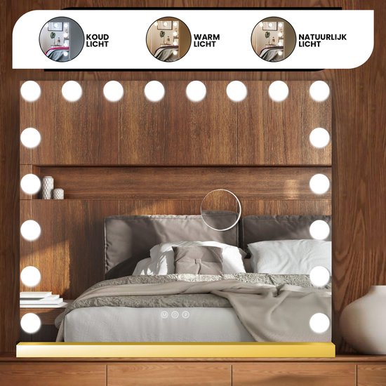 Bayt Hollywood Spiegel met Verlichting - Make Up Spiegel met Verlichting - Spiegel met Verlichting - Hollywood Spiegel 80x60 - Dimbaar - 10x Vergroting - 80x60cm - Goud