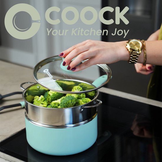 COOCK 19-Delige Pannenset Inductie - Speciale Anti-Aanbak Coating - Ergonomische Koudgrepen - Gerecycled Aluminium - koekenpannenset - kookpottenset - Turqoise (Groen) - Inclusief Onderzetters en E-book