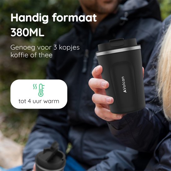 Volcan RVS Koffiebeker To Go - Thermosbeker - Lekvrij - Theebeker - 380ml - Zwart