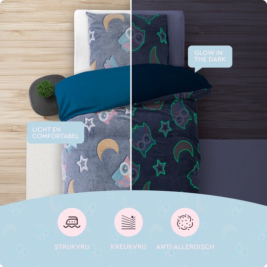 Sleeptime Glow in the dark Nachtuil Dekbedovertrek - 140X200/220 + 1 x kussensloop 60x70 - Blauw