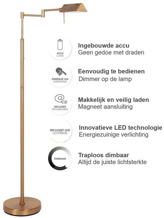 Vloerlamp GlowGo 4603BR - Bronzen klassieke vloerlamp van Mexlite met geïntegreerde accu, verstelbare arm en dimmer, hoogte 125 cm