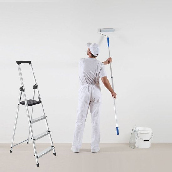 BRASQ Huishoudtrap 4 -treden Zilver - keukentrap inklapbaar aluminium voor Particulier en professioneel gebruik - Trap Ladder - Anti slip