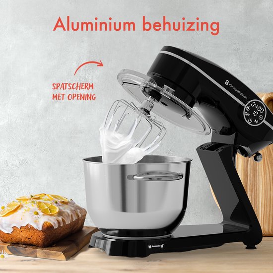 KitchenBrothers Keukenrobot - Touch Display en Timer - Keukenrobot - 6,2L - 1800W - Keukenmixer - Aluminium - Zwart