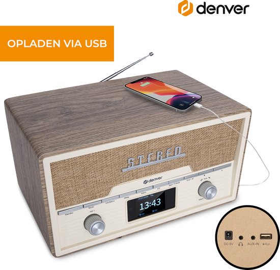 Denver DAB Radio CD Speler - Retro Radio - Bluetooth - 20 voorkeuzezenders - DAB /FM / AUX - MDA525 - Lightwood