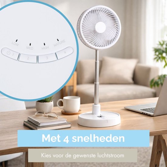 Lifetime Air Tafelventilator Telescopisch - Ventilator Staand met USB en Oplaadbare Batterij - Mini Ventilator met 4 Snelheden - Verstelbaar 13-55 cm - Wit