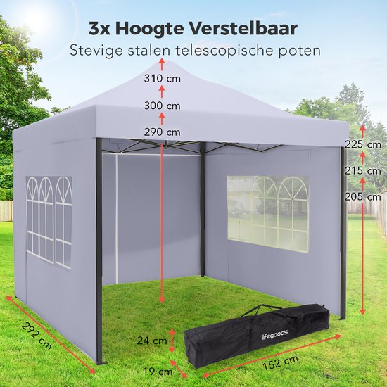 LifeGoods Partytent - Paviljoen - EasyUp - Opvouwbaar - 4 Zijwanden - Waterdicht - Met Draagtas met wieltjes - 292 x 292 cm - Donkergrijs