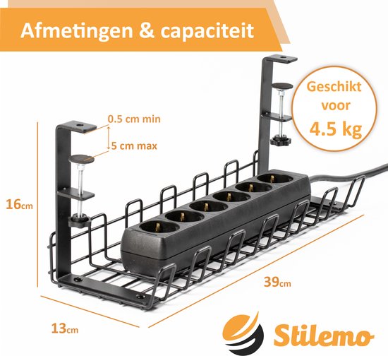 Stilemo Kabelgoot Bureau Klemmen - Cable Management - Kabelhouder Zonder Boren Monteren - Kabelbox 38 CM Zelfklevend met Klemmen - Kabel Organiser onder Bureau 4.5 KG Draagkracht - Zwart