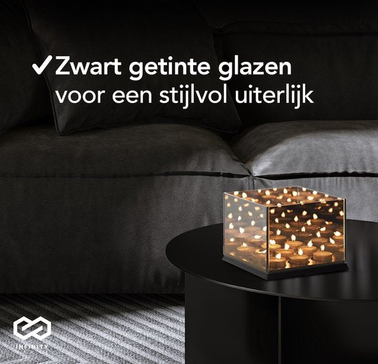 Infinity Goods Waxinelichthouder - Theelichthouder - 9 Waxinelichtjes - Reflecterend Spiegel Glas - Kaarsenhouder - Zwart