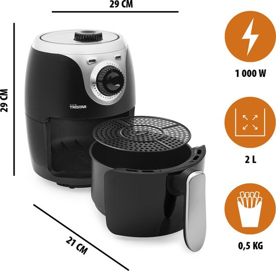 Tristar Airfryer Mini Crispy FR-6980 - 2 liter - Heteluchtfriteuse - PFAS vrij - Compact - Zwart - 1000W