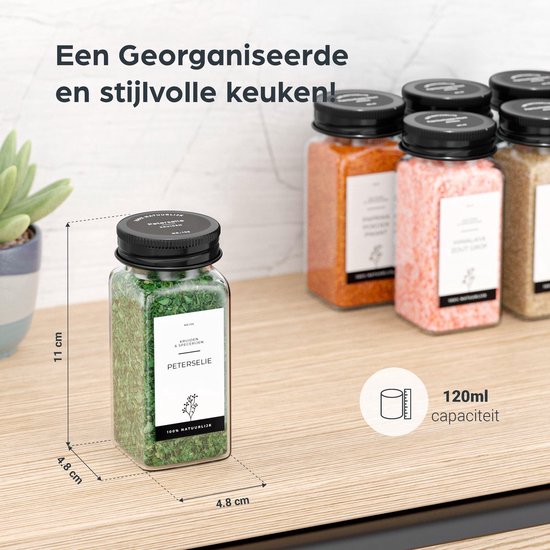 Organess 28 Glazen Kruidenpotjes Vierkant met Zwarte Deksel – 3 Soorten Strooideksels – Kruidenstrooier – Spice Jars – Complete Set incl Kruiden Stickers, Krijtstift en Accessoires – 120ml