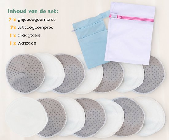 Frummel Zoogcompressen - Zoogcompressen wasbaar - Antislip - Herbruikbaar - Inclusief Transporttasje en Waszakje - 14 stuks - Grijs/Wit