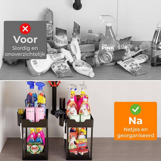 Posity Gootsteenkast Organizer - Keukenkastje Organizer - Schuiflade - Kast Organizer - Badkamer Organizer - Aanrecht Organiser - 2 Uitschuifbare Lades - Zwart