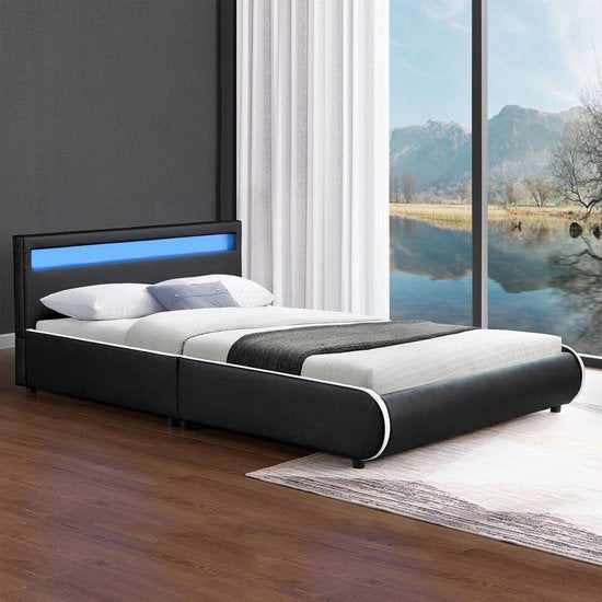Gestoffeerd bed Sevilla - 140 x 200 cm - Zwart - LED Verlichting