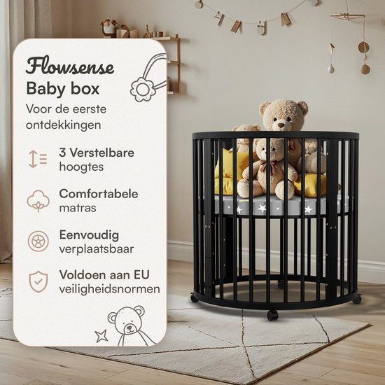 Flowsense Baby Box – Ronde Speelbox - Grondbox - Kinderbox - Playpen – Met Matras – Verstelbare Hoogtes – Wielen - Zwart