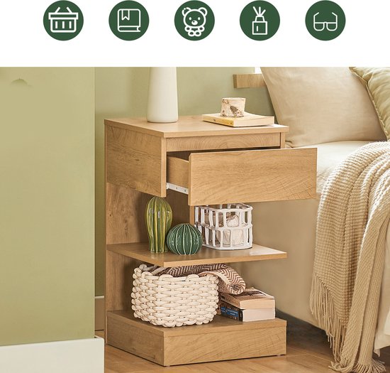 SoBuy Set van 2 Bijzettafel, Nachtkastje met 1 Lade en 3 Planken, Multifunctionele Salontafel voor Slaapkamer of Woonkamer, Scandinavisch Design, Natuur Houtbruin, 39x65x39cm, FBT49-Nx2
