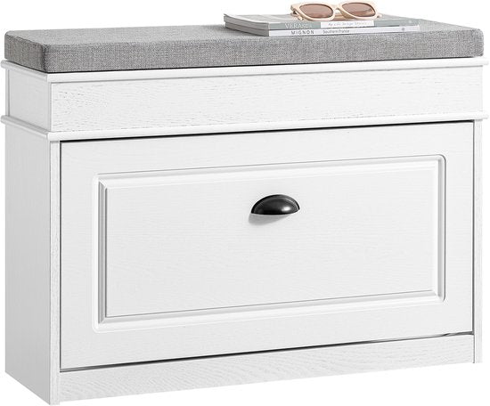 SoBuy FSR82-L-WG Schoenenkast entreebank – schoenenbank met toiletzitting en schoenenopbergkussen voor hal, woonkamer 75 x 24 x 51 cm, capaciteit 180 kg, wit antiek houteffect