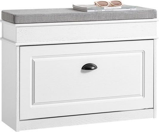 SoBuy FSR82-L-WG Schoenenkast entreebank – schoenenbank met toiletzitting en schoenenopbergkussen voor hal, woonkamer 75 x 24 x 51 cm, capaciteit 180 kg, wit antiek houteffect