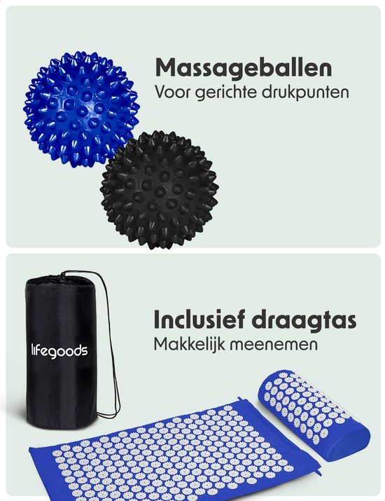 LifeGoods Acupressuur Mat met Kussen - Shakti mat - Spijkermat Incl. 2x Triggerpoint Bal - 66x40x2cm - Blauw/Wit