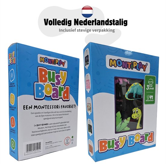 MontiPlay® Montessori Speelgoed - Sensorisch Speelgoed - Activiteitenbord - Busy Board - Montessori Activiteitenboek voor thuis - Educatief - Sensomotorisch Speelgoed- Dinosaurus Speelgoed