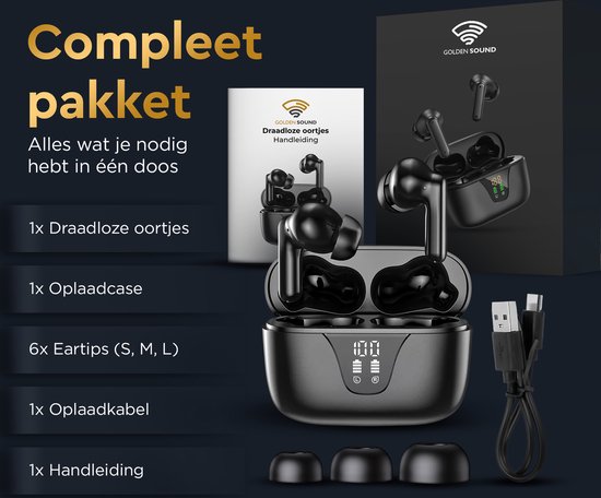 Golden Sound Oortjes draadloos - Draadloze oordopjes - Bluetooth oortjes - Active Noise Cancelling - Sport oordopjes - Led display - Touch functie - Geschikt voor elke smartphone & laptop