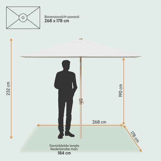 LifeGoods Parasol - Tuin - 270x180cm - 30° Kantelbaar - Waterdicht - UPF50+ - Houtkleurige coating - Crème