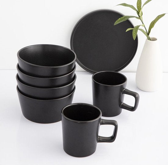 Deleca Koffiekopjes Set van 6 - Koffiemokken met Oor - Koffie Kopjes / Mok - Massief Aardewerk - Mat Zwart / 360 ml