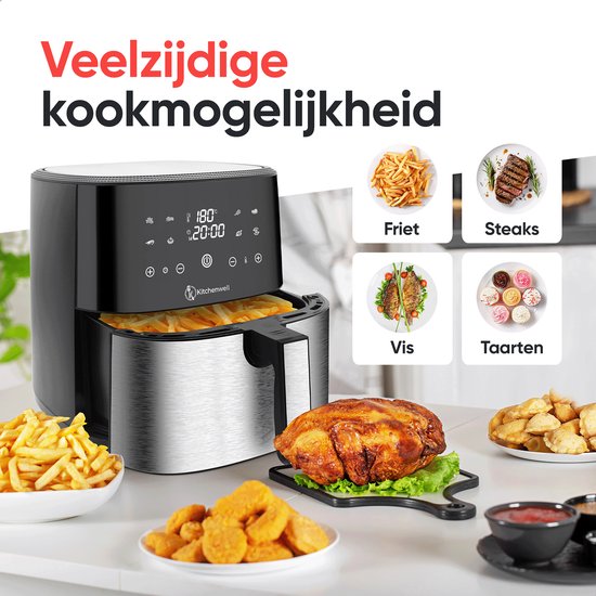 Kitchenwell AirFryer - Heteluchtfriteuse - 8L Inhoud - 80-200℃ - Timer - 1800W - Zwart