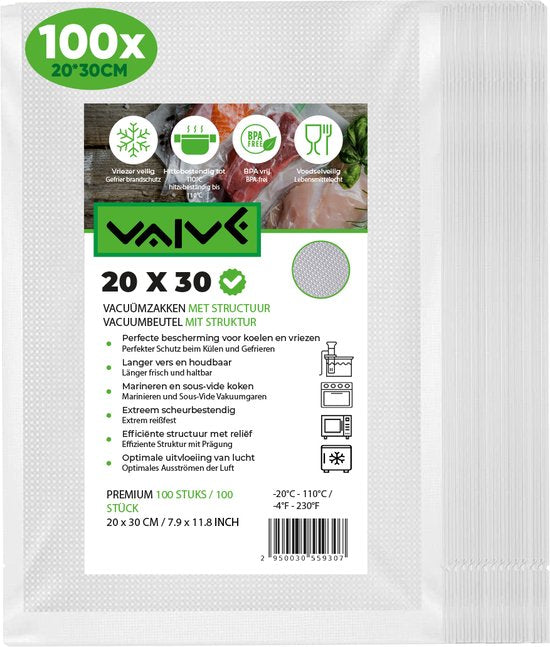 VAIVE Vacuumzakken Voedsel 20 x 30 cm - 100 stuks- Vacumeerzakken - Vacuum zakken - Sous vide Zakken