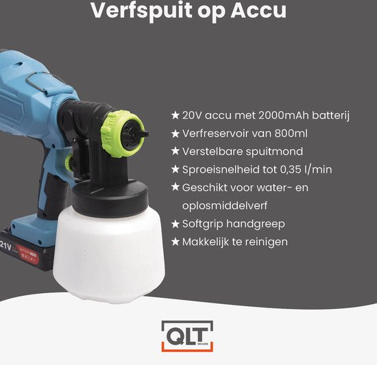 QLT Verfspuit op Accu voor Watergedragen en Oplosmiddelhoudende Verf, Lak en Beits - Airbrush met verstelbare Spuitmond – Verfpistool – 800ML