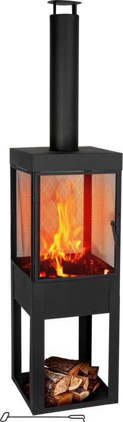 BBQ Collection Houtkachel met Schoorsteen - Tuinhaard 194 x 44 x 47 cm - Terrashaard met Vonkenscherm - Terraskachel met As-Opvangbak en Brandhout Opslag - Houtkachel Tuin - Carbon Staal