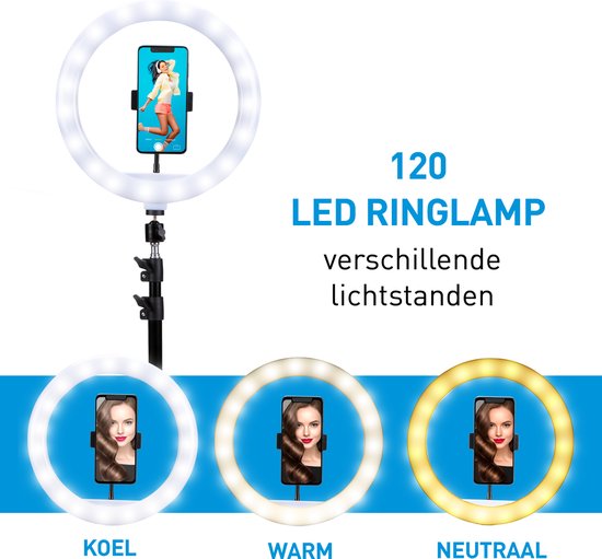 Grundig Ringlamp met Statief - Verstelbaar Ringlight tot 195cm - Tiktok Lamp met Telefoonhouder - Selfie Ring Light - Ringlamp met 3 Lichtstanden - Make Up Lamp