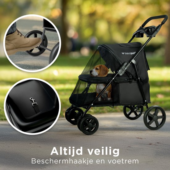 Trevopet® Hondenbuggy Inklapbaar - Wandelwagen - Buggy voor Kleine en Middelgrote Honden tot 15 kg - Waterafstotend met Bekerhouder - Zwart