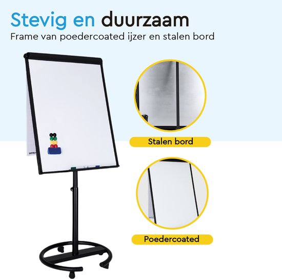 BRASQ Flipover Verrijdbaar Deluxe -70x100 cm - Verstelbaar Whiteboard - Inclusief 25 vellen papier en accessoires - met Uitschuifbare Armen - Magnetisch bord met Haken - Magneetbord - Zwart
