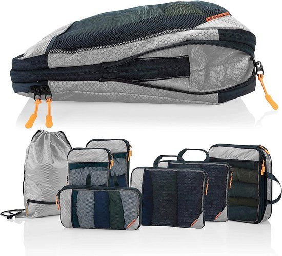 LOONARA Travel Packing Cubes Set van 7 - met compressie voor koffer en rugzak incl. pakzak, Alpine Slate - Grijs