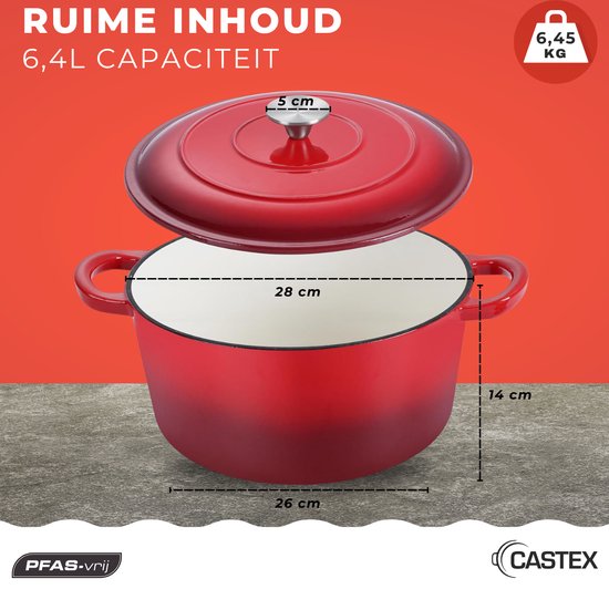 Castex Elegance Royal Gietijzeren Braadpan met Deksel 28 cm - Inductie Pan - Braadpannen Gietijzer - Rood