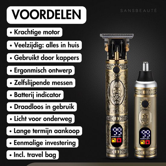 Professionele Draadloze T-blade Tondeuse + Neustrimmer - Sansbeauté® Buddha Trimmer - Baardtrimmer - Tondeuse Mannen Hoofdhaar - Cheveux Haar - Haartrimmer - Kapper Haar Machine - Haartondeuse - Barber Hair Clipper - Kappersset